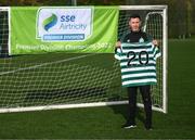 25 October 2022; Shamrock Rovers manager Stephen Bradley poses for a portrait, at Roadstone Group Sports Club, in Dublin, while holding a jersey with the number 20 to commemorate the club's recent 20th League title success. Shamrock Rovers claimed the SSE Airtricity League Premier Division title on Monday night based on other results within the league. Photo by Stephen McCarthy/Sportsfile