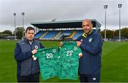 25 October 2022; Republic of Ireland U16 manager Paul Osam, right, and Munster football association administrator Barry Cotter in attendance during the 2022 Victory Shield Launch at RSC in Waterford. Photo by Sam Barnes/Sportsfile