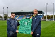 25 October 2022; Republic of Ireland U16 manager Paul Osam, right, and Munster football association administrator Barry Cotter in attendance during the 2022 Victory Shield Launch at RSC in Waterford. Photo by Sam Barnes/Sportsfile