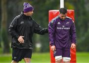25 October 2022; John Hodnett with defence coach Denis Leamy during Munster rugby squad training at University of Limerick in Limerick. Photo by Brendan Moran/Sportsfile
