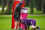 25 October 2022; John Hodnett with defence coach Denis Leamy during Munster rugby squad training at University of Limerick in Limerick. Photo by Brendan Moran/Sportsfile