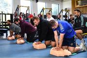 26 October 2022; Leinster Rugby, together with Rugby Players Ireland, hosted a CPR training event at UCD last week. The Irish Heart Foundation was a charity partner of Leinster Rugby last season and through that partnership and with the help of Rugby Players Ireland, the Foundation provided a training session on CPR to the Senior and Academy players in the Leinster Rugby high performance centre in UCD. For further information please visit www.irishheart.ie. Photo by Harry Murphy/Sportsfile