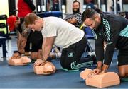 26 October 2022; Leinster Rugby, together with Rugby Players Ireland, hosted a CPR training event at UCD last week. The Irish Heart Foundation was a charity partner of Leinster Rugby last season and through that partnership and with the help of Rugby Players Ireland, the Foundation provided a training session on CPR to the Senior and Academy players in the Leinster Rugby high performance centre in UCD. Pictured are James Tracy and Dave Kearney. For further information please visit www.irishheart.ie. Photo by Harry Murphy/Sportsfile