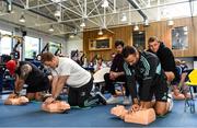 26 October 2022; Leinster Rugby, together with Rugby Players Ireland, hosted a CPR training event at UCD last week. The Irish Heart Foundation was a charity partner of Leinster Rugby last season and through that partnership and with the help of Rugby Players Ireland, the Foundation provided a training session on CPR to the Senior and Academy players in the Leinster Rugby high performance centre in UCD. Pictured are Dave Kearney and James Tracy. For further information please visit www.irishheart.ie. Photo by Harry Murphy/Sportsfile