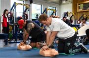 26 October 2022; Leinster Rugby, together with Rugby Players Ireland, hosted a CPR training event at UCD last week. The Irish Heart Foundation was a charity partner of Leinster Rugby last season and through that partnership and with the help of Rugby Players Ireland, the Foundation provided a training session on CPR to the Senior and Academy players in the Leinster Rugby high performance centre in UCD. Pictured are James Tracy and Andrew Porter. For further information please visit www.irishheart.ie. Photo by Harry Murphy/Sportsfile