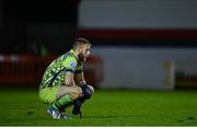 26 October 2022; Galway United goalkeeper Conor Kearns reacts after the SSE Airtricity League First Division play-off semi-final first leg match between Longford Town and Galway United at Bishopsgate in Longford. Photo by Ben McShane/Sportsfile
