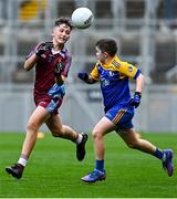 27 October 2022; Cian Raferty of St Fiachra's SNS in action against Éanna Mac Amhlaigh of Gaelscoil Bhrian Bómoimhe during day one of the Allianz Cumann na mBunscoil Football Finals at Croke Park in Dublin. Photo by Eóin Noonan/Sportsfile
