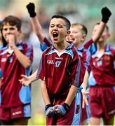 27 October 2022; James Mooney of St Fiachra's SNS celebrates victory over Gaelscoil Bhrian Bóroimhe during day one of the Allianz Cumann na mBunscoil Football Finals at Croke Park in Dublin. Photo by Eóin Noonan/Sportsfile