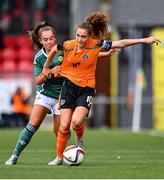 27 October 2022; Jodie Loughrey of Republic of Ireland in action against Mia Moore of Northern Ireland during the 2022/23 UEFA Women's U17 European Championship Qualifiers Round 1 match between Republic of Ireland and Northern Ireland at Seaview in Belfast. Photo by Ben McShane/Sportsfile