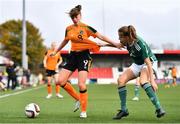 27 October 2022; Joy Ralph of Republic of Ireland in action against Faye Loughran of Northern Ireland during the 2022/23 UEFA Women's U17 European Championship Qualifiers Round 1 match between Republic of Ireland and Northern Ireland at Seaview in Belfast. Photo by Ben McShane/Sportsfile