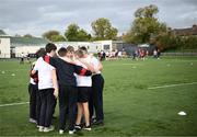 27 October 2022; Participants huddle during the Leinster Rugby Primary School Tag Blitz at Clontarf RFC in Dublin. Photo by Harry Murphy/Sportsfile
