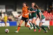 27 October 2022; Aoife Kelly of Republic of Ireland in action against Aimee Kerr, centre, and Rhianna Breen of Northern Ireland during the 2022/23 UEFA Women's U17 European Championship Qualifiers Round 1 match between Republic of Ireland and Northern Ireland at Seaview in Belfast. Photo by Ben McShane/Sportsfile