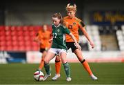 27 October 2022; Rhianna Breen of Northern Ireland in action against Grace Fitzpatrick Ryan of Republic of Ireland during the 2022/23 UEFA Women's U17 European Championship Qualifiers Round 1 match between Republic of Ireland and Northern Ireland at Seaview in Belfast. Photo by Ben McShane/Sportsfile