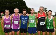 16 October 2022; Athletes, from left, Willie O'Donoghue of Mooreabbey Milers AC, Tom Blackburn of Mooreabbey Milers AC, William Hughes of Thurles Crokes AC, William Hughes of Thurles Crokes AC, John Kinsella of Bilboa AC, Niall Shanahan of An Bru AC, and Declan Guina of West Limerick AC, during the Autumn Open International Cross Country Festival at the Sport Ireland Campus in Dublin. Photo by Sam Barnes/Sportsfile