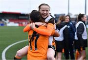 27 October 2022; Fiana Bradley, right, and Keira Sena of Republic of Ireland celebrate after the 2022/23 UEFA Women's U17 European Championship Qualifiers Round 1 match between Republic of Ireland and Northern Ireland at Seaview in Belfast. Photo by Ben McShane/Sportsfile