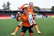 27 October 2022; Keira Sena, left, and Fiana Bradley of Republic of Ireland celebrate after the 2022/23 UEFA Women's U17 European Championship Qualifiers Round 1 match between Republic of Ireland and Northern Ireland at Seaview in Belfast. Photo by Ben McShane/Sportsfile