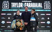 27 October 2022; Katie Taylor, left, and Karen Elizabeth Carabajal in the company of promoter Eddie Hearn during a press conference, at The Drum Wembley, ahead of their undisputed lightweight bout, on Saturday night at the OVO Arena Wembley in London, England. Photo by Mark Robinson / Matchroom Boxing via Sportsfile