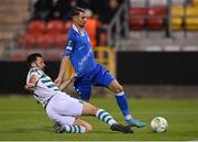 27 October 2022; Ibrahim Salah of Gent in action against Roberto Lopes of Shamrock Rovers during the UEFA Europa Conference League group F match between Shamrock Rovers and Gent at Tallaght Stadium in Dublin. Photo by Seb Daly/Sportsfile