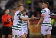27 October 2022; Lee Grace of Shamrock Rovers, right, is congratulated by teammate Sean Hoare after making a clearance during the UEFA Europa Conference League group F match between Shamrock Rovers and Gent at Tallaght Stadium in Dublin. Photo by Seb Daly/Sportsfile