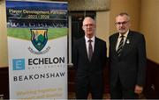 27 October 2022; Uachtarán Chumann Lúthchleas Gael Larry McCarthy, right, and Cathaoirleach Comhairle Laighean Pat Teehan at the announcement of the Wicklow GAA major sponsorship deal with the new Player Development Partners, Echelon Data Centres and Beakonshaw at The Glendalough Hotel in Glendalough, Wicklow. Photo by David Fitzgerald/Sportsfile