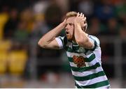 27 October 2022; Sean Hoare of Shamrock Rovers reacts during the UEFA Europa Conference League group F match between Shamrock Rovers and Gent at Tallaght Stadium in Dublin. Photo by Seb Daly/Sportsfile