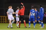 27 October 2022; Referee Julian Weinberger shows a red card to Justin Ferizaj of Shamrock Rovers, 21, during the UEFA Europa Conference League group F match between Shamrock Rovers and Gent at Tallaght Stadium in Dublin. Photo by Seb Daly/Sportsfile