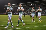 27 October 2022; Shamrock Rovers players, from left, Sean Kavanagh, Lee Grace, Richie Towell and Neil Farrugia after the UEFA Europa Conference League group F match between Shamrock Rovers and Gent at Tallaght Stadium in Dublin. Photo by Seb Daly/Sportsfile