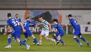 27 October 2022; Justin Ferizaj of Shamrock Rovers in action against Andrew Hjulsager, left, and Hyunseok Hong of Gent during the UEFA Europa Conference League group F match between Shamrock Rovers and Gent at Tallaght Stadium in Dublin. Photo by Seb Daly/Sportsfile