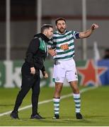 27 October 2022; Shamrock Rovers manager Stephen Bradley and Roberto Lopes during the UEFA Europa Conference League group F match between Shamrock Rovers and Gent at Tallaght Stadium in Dublin. Photo by Seb Daly/Sportsfile