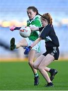 28 October 2022; Anna McGill of Ballyboughal NS in action against Holly Dunleavy of Rolestown NS during day two of the Allianz Cumann na mBunscoil Football Finals at Croke Park in Dublin. Photo by Eóin Noonan/Sportsfile