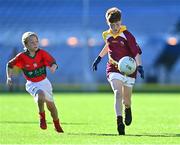 28 October 2022; Zac Healy of Sacred Heart NS in action against Till Geoghegan of St Patricks NS during day two of the Allianz Cumann na mBunscoil Football Finals at Croke Park in Dublin. Photo by Eóin Noonan/Sportsfile