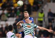 27 October 2022; Laurent Depoitre of Gent in action against Daniel Cleary of Shamrock Rovers during the UEFA Europa Conference League group F match between Shamrock Rovers and Gent at Tallaght Stadium in Dublin. Photo by Seb Daly/Sportsfile