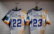 28 October 2022; The jerseys of debutants Charlie Tector and Ben Brownlee are seen before the United Rugby Championship match between Scarlets and Leinster at Parc Y Scarlets in Llanelli, Wales. Photo by Harry Murphy/Sportsfile