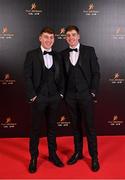 28 October 2022; Dónal Burke of Dublin, right, with his brother Kevin on arrival at the PwC All-Stars Awards 2022 at the Convention Centre in Dublin. Photo by Brendan Moran/Sportsfile