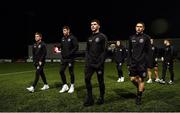 28 October 2022; Bohemians players, from left, Conor Levingston, Rory Feely, Ali Coote and Max Murphy before the SSE Airtricity League Premier Division match between Dundalk and Bohemians at Casey's Field in Dundalk, Louth. Photo by Seb Daly/Sportsfile
