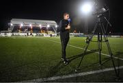 28 October 2022; Bohemians manager Declan Devine is interviewed by LOITV before the SSE Airtricity League Premier Division match between Dundalk and Bohemians at Casey's Field in Dundalk, Louth. Photo by Seb Daly/Sportsfile