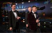 28 October 2022; Footballers, from left, Shane Ryan of Kerry, Jason Foley of Kerry and John Daly of Galway with their PwC All-Star awards during the PwC All-Stars Awards 2022 show at the Convention Centre in Dublin. Photo by Ramsey Cardy/Sportsfile