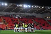 28 October 2022; Leinster players huddle before the United Rugby Championship match between Scarlets and Leinster at Parc Y Scarlets in Llanelli, Wales. Photo by Harry Murphy/Sportsfile