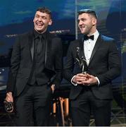 28 October 2022; David Clifford of Kerry, left, and Damien Comer of Galway with their PwC All-Star awards during the PwC All-Stars Awards 2022 show at the Convention Centre in Dublin. Photo by Ramsey Cardy/Sportsfile