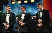 28 October 2022; PwC Football All-Star Award winners, from left, Jason Foley of Kerry, Tadhg Morley of Kerry and John Daly of Galway during the PwC All-Stars Awards 2022 show at the Convention Centre in Dublin. Photo by Ramsey Cardy/Sportsfile