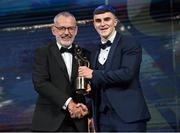 28 October 2022; Sean O’Shea of Kerry is presented with his PwC All-Star award by Uachtarán Chumann Lúthchleas Gael Larry McCarthy during the PwC All-Stars Awards 2022 show at the Convention Centre in Dublin. Photo by Ramsey Cardy/Sportsfile