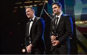 28 October 2022; Shane Ryan of Kerry, left, and Chrissy McKaigue of Derry with their PwC All-Star awards during the PwC All-Stars Awards 2022 show at the Convention Centre in Dublin. Photo by Ramsey Cardy/Sportsfile