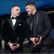 28 October 2022; Ciarán Kilkenny of Dublin, left, and David Clifford of Kerry with their PwC All-Star awards during the PwC All-Stars Awards 2022 show at the Convention Centre in Dublin. Photo by Ramsey Cardy/Sportsfile