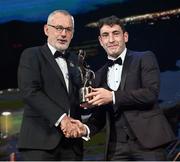 28 October 2022; Paudie Clifford of Kerry is presented with his PwC All-Star award by Uachtarán Chumann Lúthchleas Gael Larry McCarthy during the PwC All-Stars Awards 2022 show at the Convention Centre in Dublin. Photo by Ramsey Cardy/Sportsfile