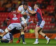 28 October 2022; Jason Jenkins of Leinster is tackled by Tom Price and Gareth Davies of Scarlets during the United Rugby Championship match between Scarlets and Leinster at Parc Y Scarlets in Llanelli, Wales. Photo by Harry Murphy/Sportsfile