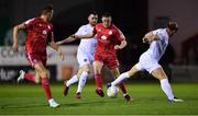 28 October 2022; Jack Moylan of Shelbourne in action against Keith Cowan of Drogheda United during the SSE Airtricity League Premier Division match between Shelbourne and Drogheda United at Tolka Park in Dublin. Photo by Tyler Miller/Sportsfile