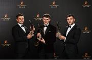 28 October 2022; Galway footballers, from left, Cillian McDaid, John Daly and Damien Comer with their PwC All-Star awards at the PwC All-Stars Awards 2022 at the Convention Centre in Dublin. Photo by Sam Barnes/Sportsfile