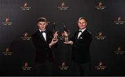 28 October 2022; Galway footballer Cillian McDaid, left, and Dublin footballer Ciarán Kilkenny with their PwC All-Star awards at the PwC All-Stars Awards 2022 at the Convention Centre in Dublin. Photo by Sam Barnes/Sportsfile