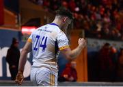 28 October 2022; Rob Russell of Leinster celebrates after scoring his side's second try during the United Rugby Championship match between Scarlets and Leinster at Parc Y Scarlets in Llanelli, Wales. Photo by Harry Murphy/Sportsfile