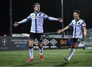 28 October 2022; Runar Hauge of Dundalk, left, celebrates after scoring his side's second goal, during the SSE Airtricity League Premier Division match between Dundalk and Bohemians at Casey's Field in Dundalk, Louth. Photo by Seb Daly/Sportsfile